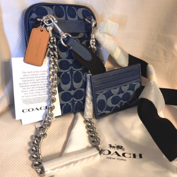 Coach Deep Blue Signature Denim Phone Bag, Wallet, Chain Triple Bundle, NWT - Picture 6 of 11
